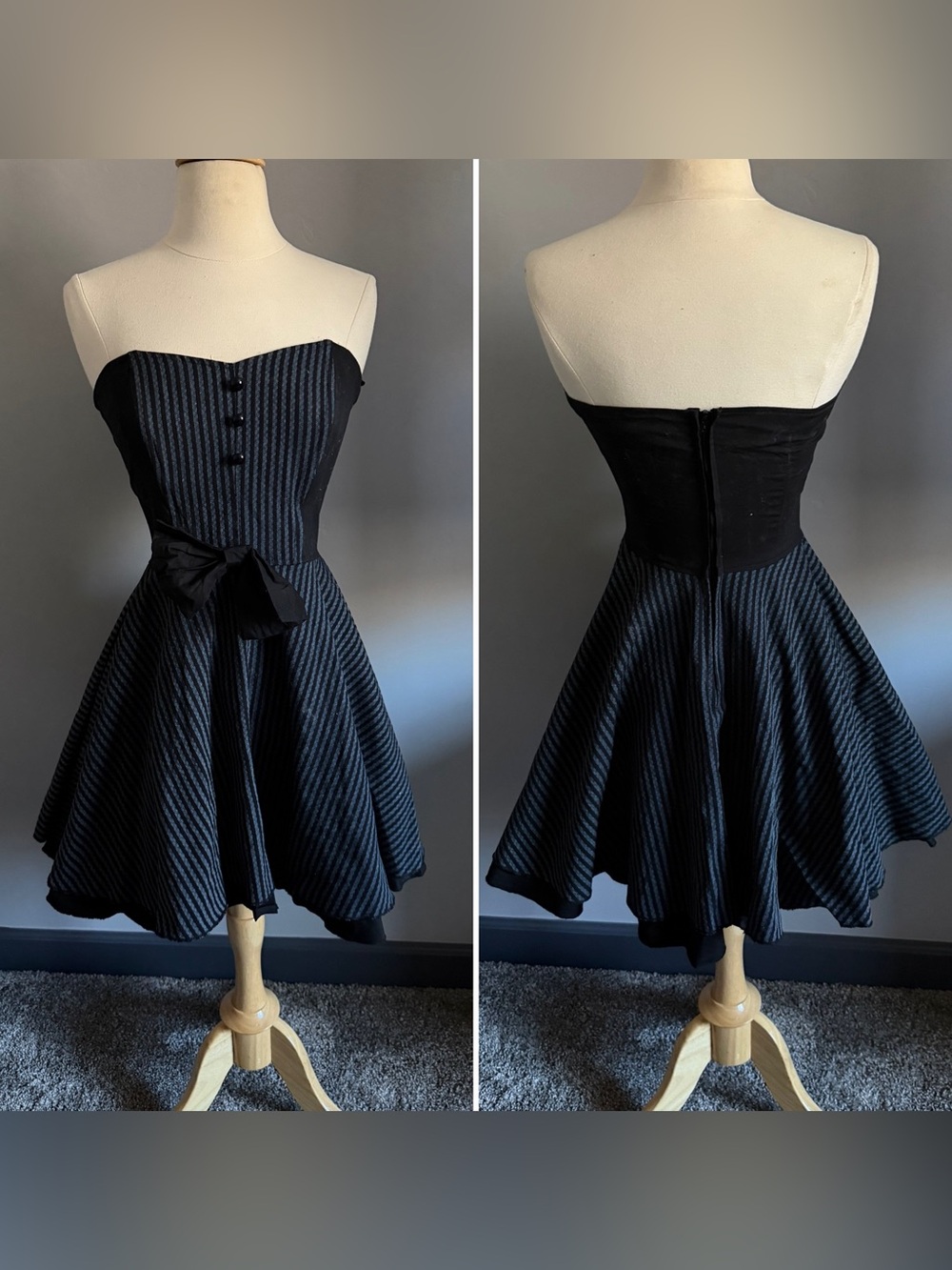 Strapless Black & Charcoal Fit-and-Flare Dress with Bow by RockSteady